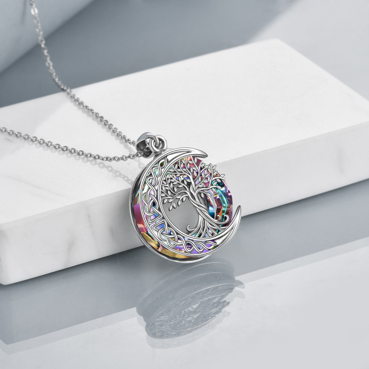 Sterling Silver Round Crystal Tree Of Life Moon With Celtic Knot Pendant Necklace For Women-4