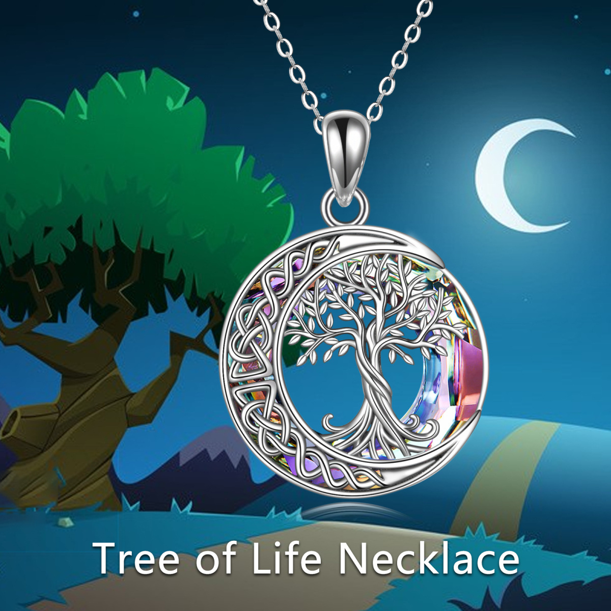 Sterling Silver Round Crystal Tree Of Life Moon With Celtic Knot Pendant Necklace For Women-6