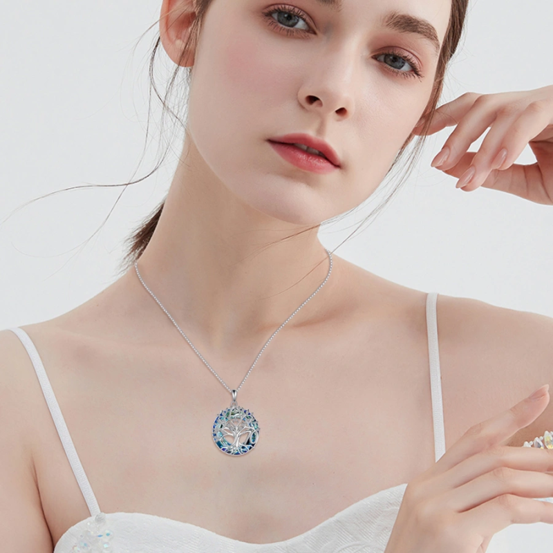 Sterling Silver Tree Of Life & Circle Crystal Pendant Necklace for Women Men-2