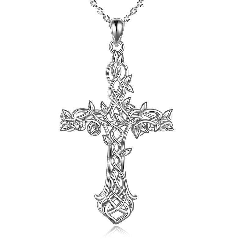 Collar de plata de ley con colgante de árbol de la vida y cruz-1