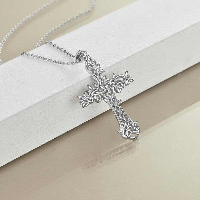 Collar de plata de ley con colgante de árbol de la vida y cruz-3