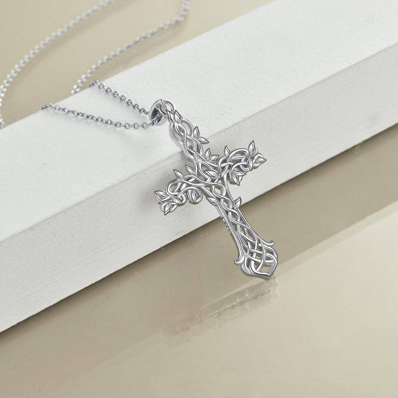 Sterling Silver Tree Of Life & Cross Pendant Necklace-3