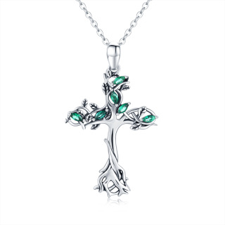 Sterling Silver Cubic Zirconia Tree Of Life & Cross Pendant Necklace-35