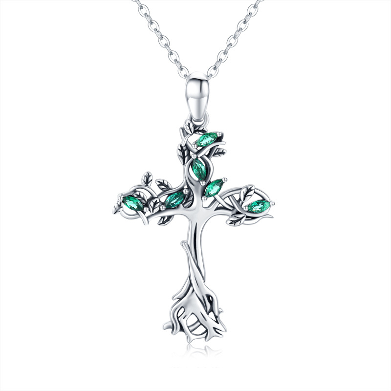 Sterling Silver Cubic Zirconia Tree Of Life & Cross Pendant Necklace-10