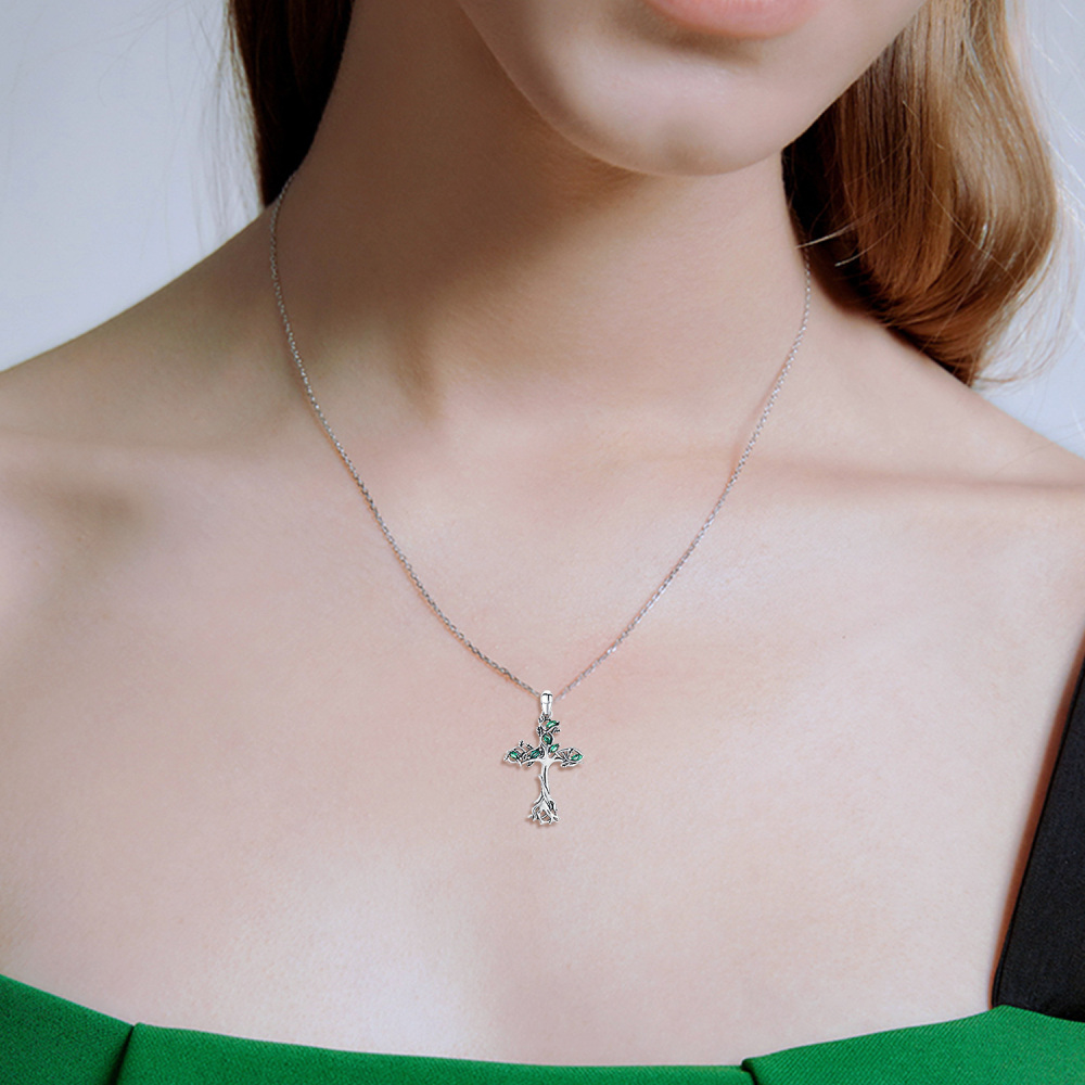 Sterling Silber Cubic Zirkonia Baum des Lebens & Kreuz-Anhänger Halskette-3
