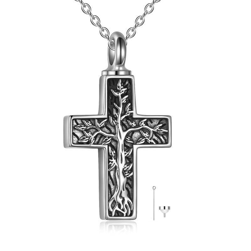 Sterling Silver Tree Of Life & Cross Urn Necklace for Ashes-5