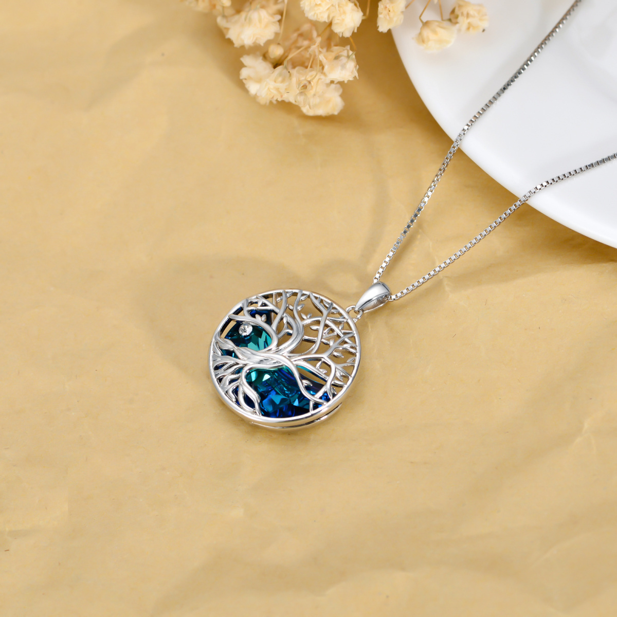 Sterling Silver Tree Of Life Crystal Pendant Necklace-3