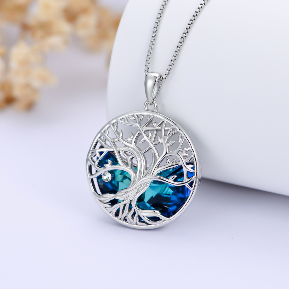 Sterling Silver Tree Of Life Crystal Pendant Necklace-4