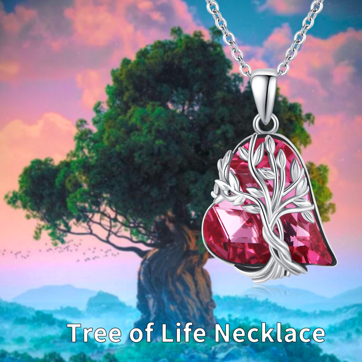 Sterling Silver Tree Of Life Crystal Pendant Necklace-6