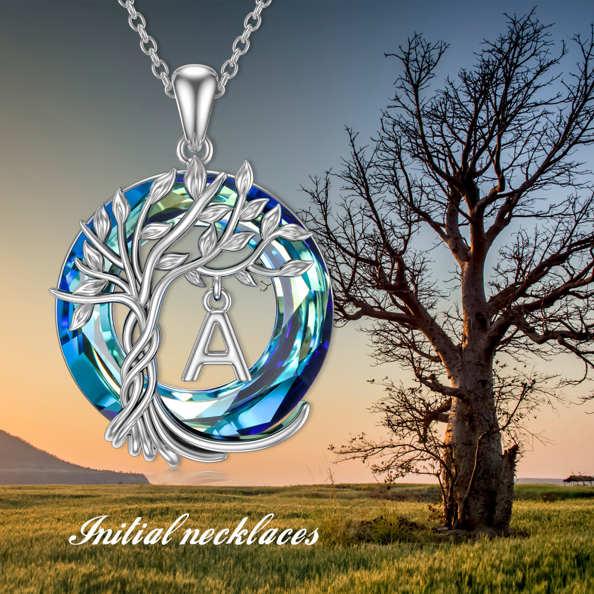 Sterling Silver Tree Of Life Crystal Pendant Necklace-3