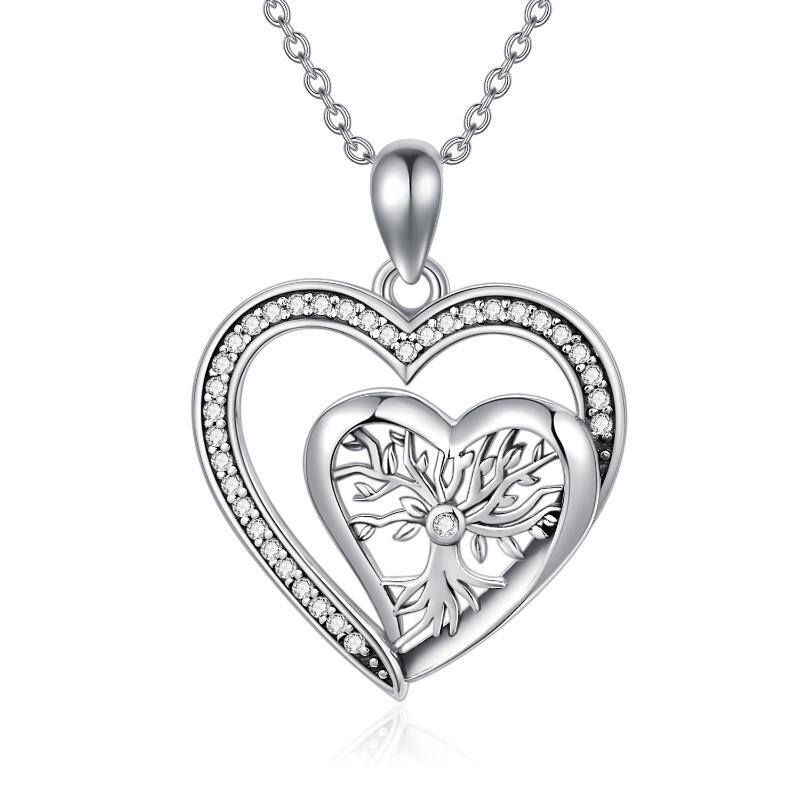 Collar con colgante de corazón doble con árbol de la vida y circonitas en plata de ley-1