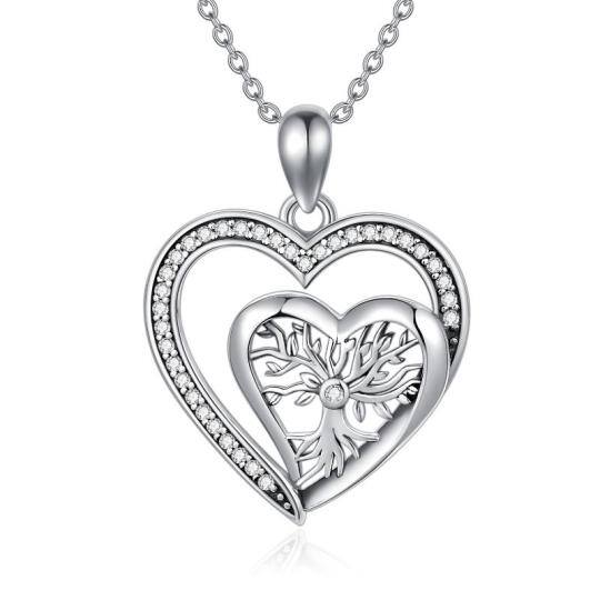 Sterling Silver Zirconia Tree Of Life & Double Heart Pendant Necklace