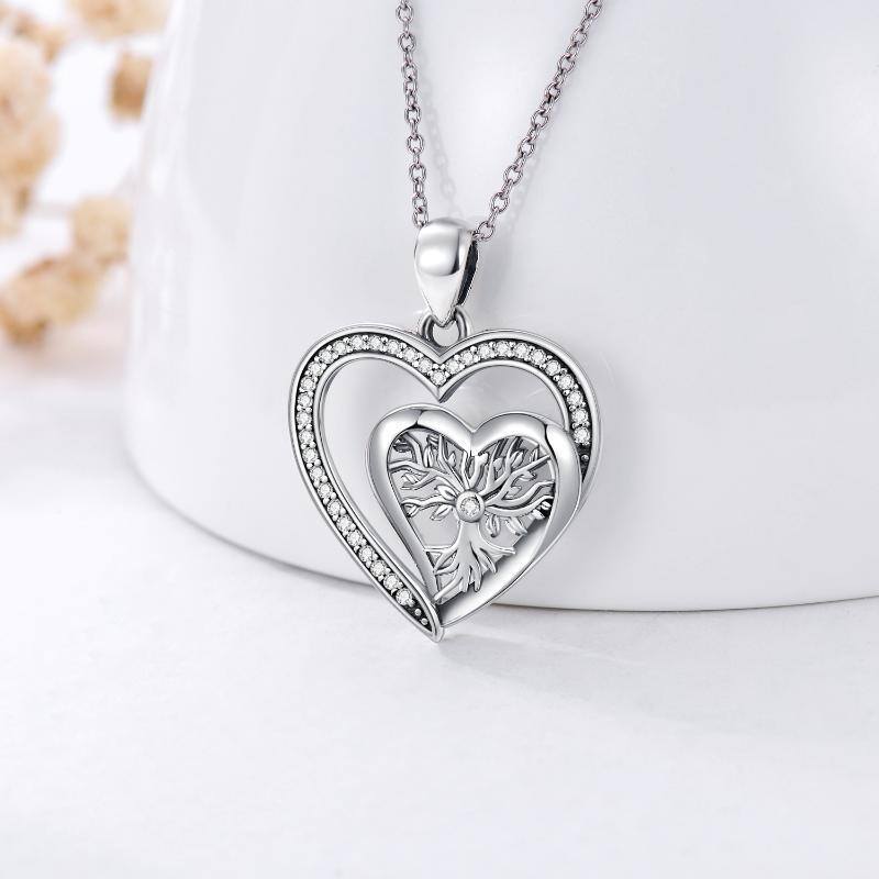 Sterling Silver Zirconia Tree Of Life & Double Heart Pendant Necklace-3