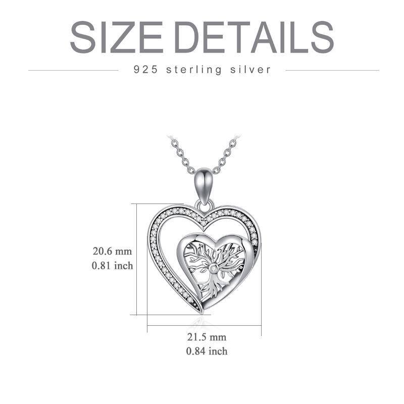 Sterling Silver Zirconia Tree Of Life & Double Heart Pendant Necklace-5