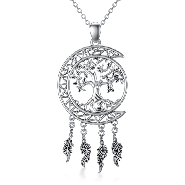 Sterling Silver Tree Of Life & Dream Catcher & Moon Pendant Necklace-1