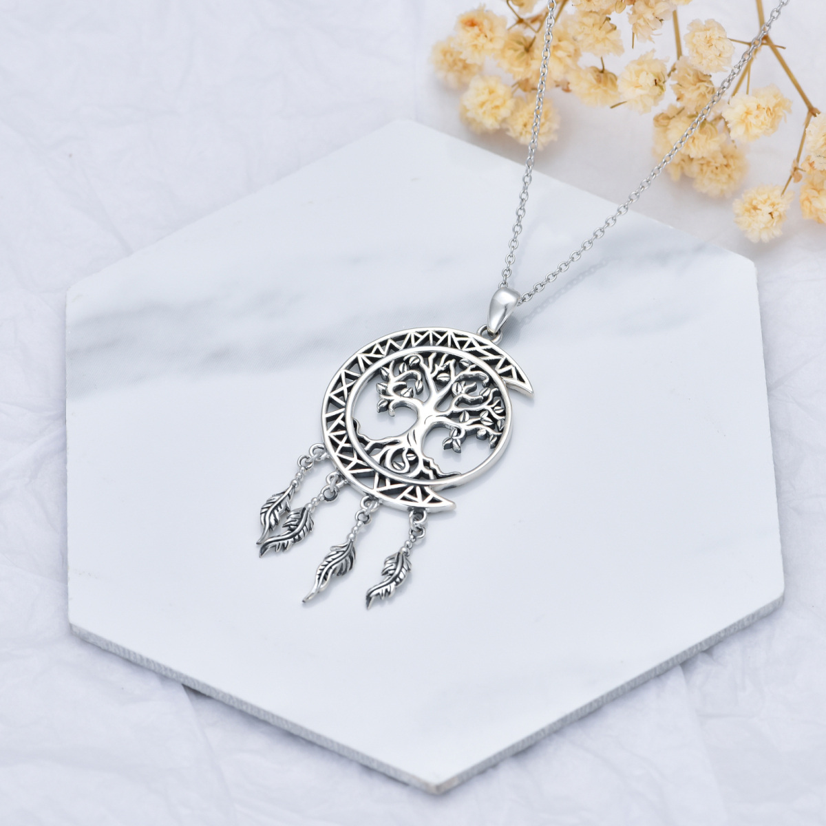 Sterling Silver Tree Of Life & Dream Catcher & Moon Pendant Necklace-3