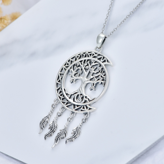 Sterling Silver Tree Of Life & Dream Catcher & Moon Pendant Necklace-4