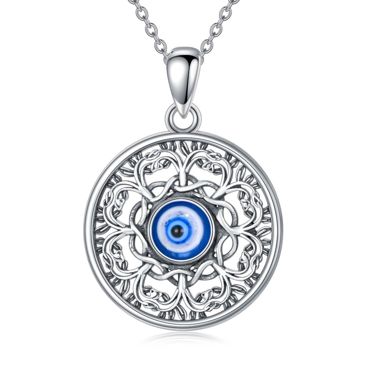 Sterling Silver Tree Of Life & Evil Eye Pendant Necklace-1