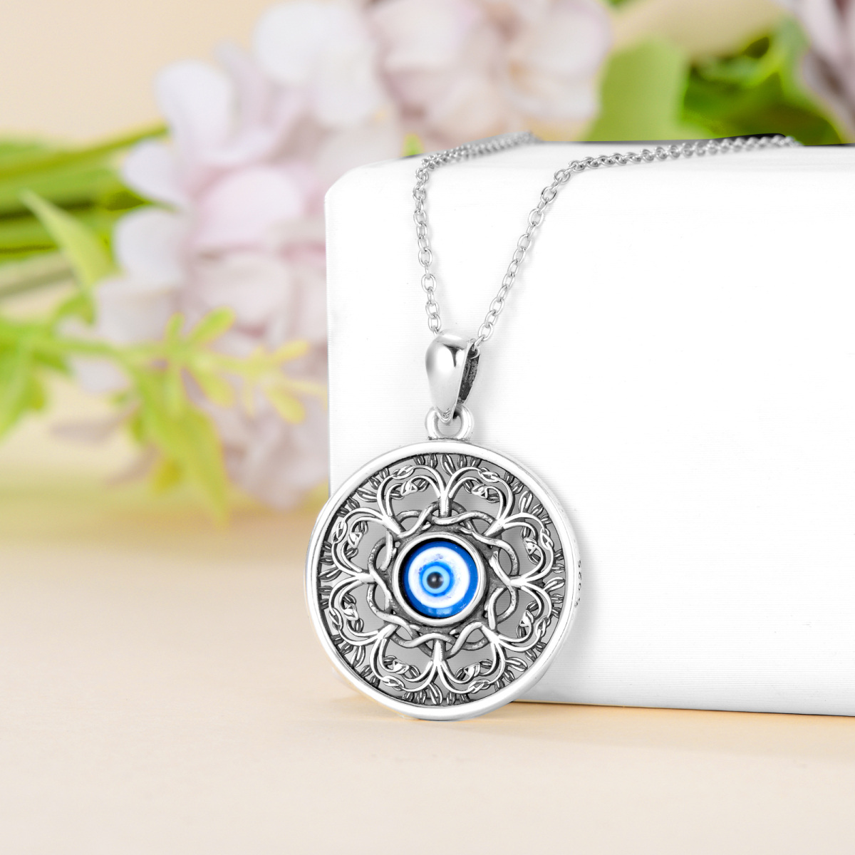 Sterling Silver Tree Of Life & Evil Eye Pendant Necklace-3