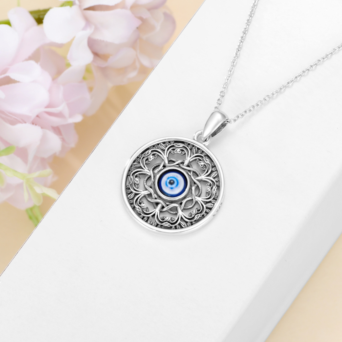 Sterling Silver Tree Of Life & Evil Eye Pendant Necklace-4