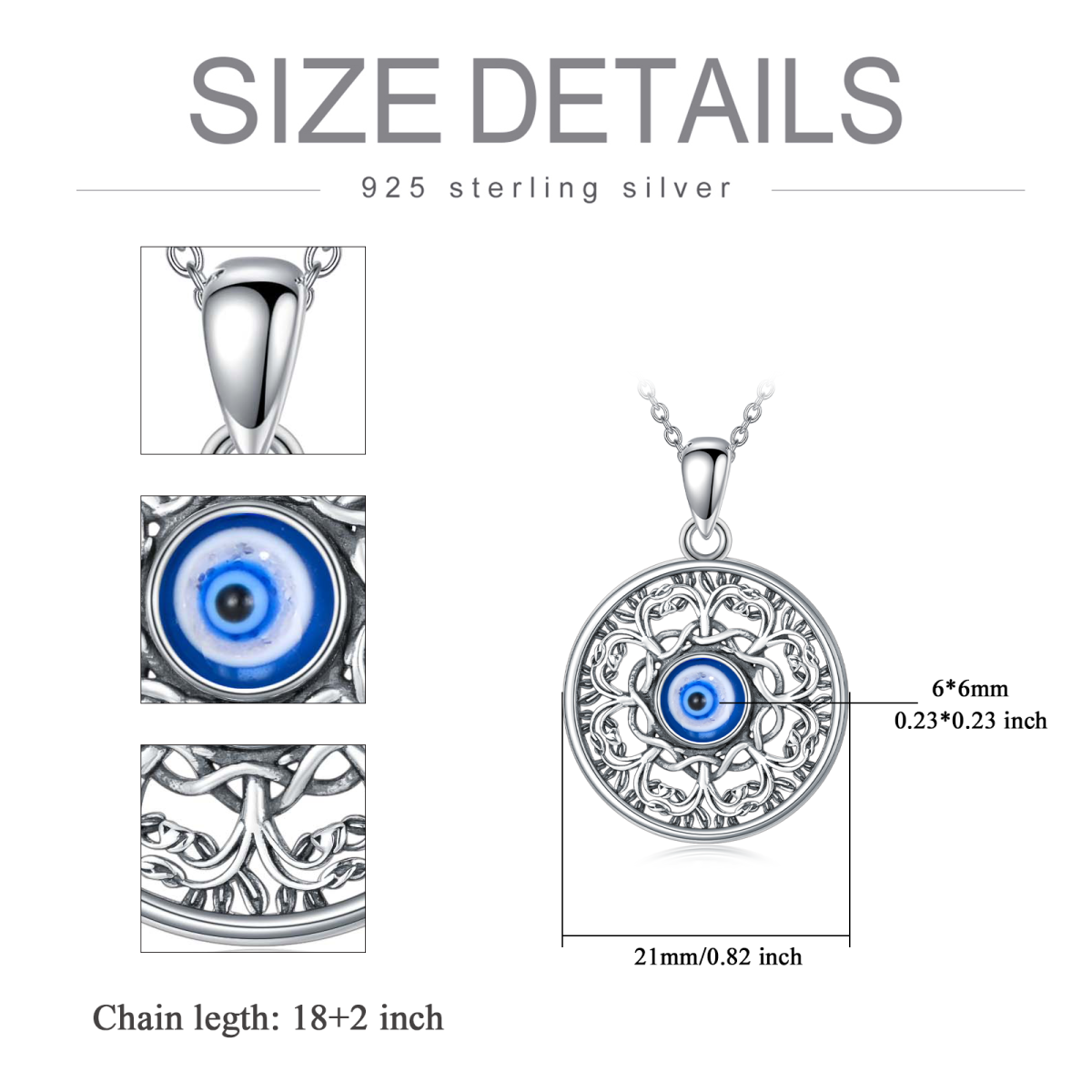 Sterling Silver Tree Of Life & Evil Eye Pendant Necklace-5