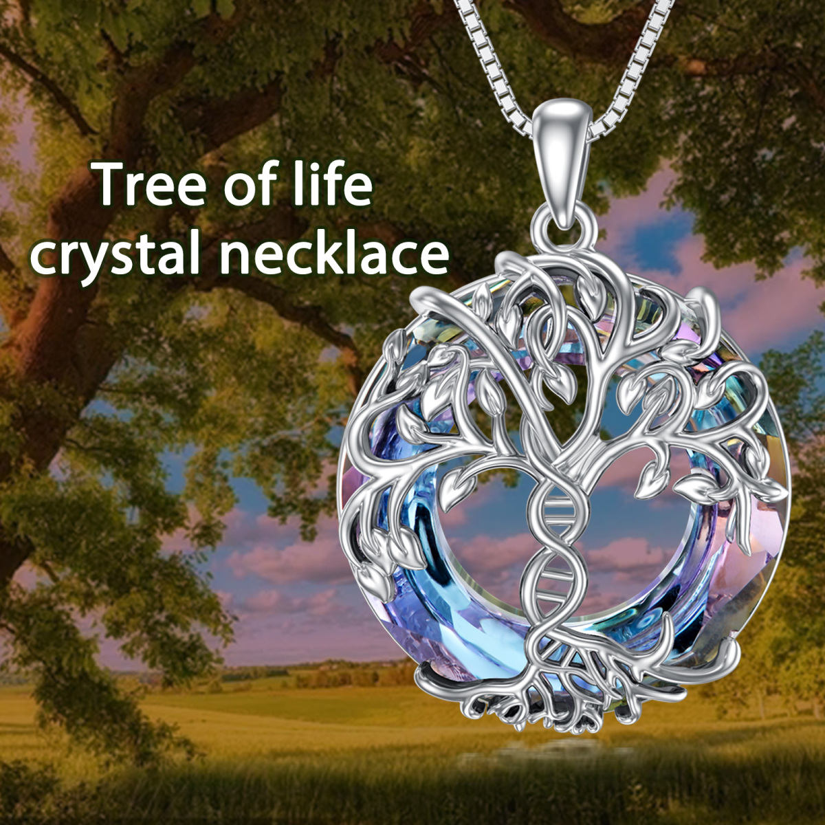 Collar con colgante de cristal y cadena genética del árbol de la vida en plata de ley-6