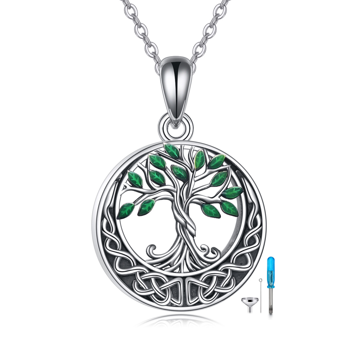 Albero della vita in argento sterling con foglie verdi Collana con nodo celtico per le ceneri-1