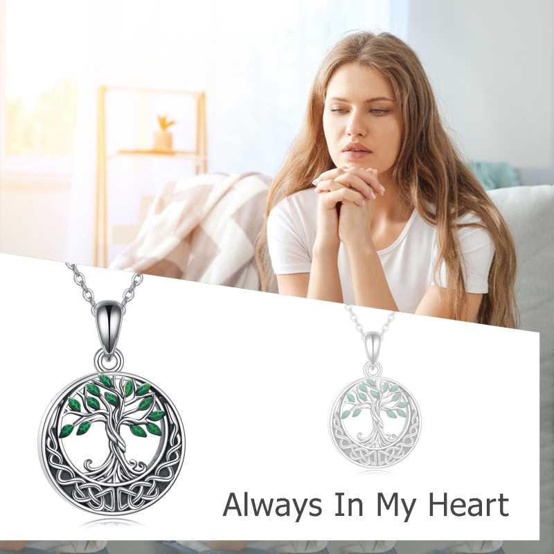 Sterling Silver Tree Of Life with Green leaves Celtic Knot Urn Necklace for Ashes-6