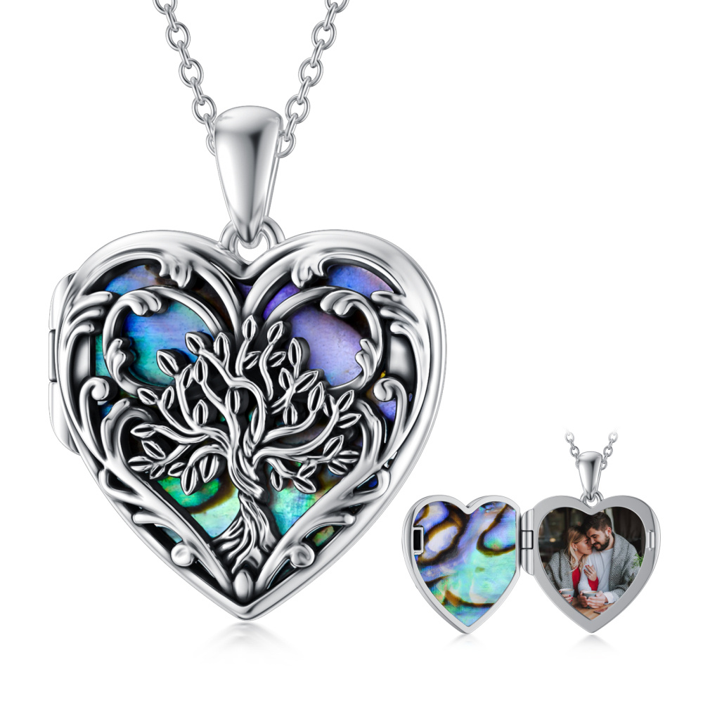 Collar con medallón fotográfico personalizado de plata de ley con forma de corazón, abulón, marisco y árbol de la vida-1