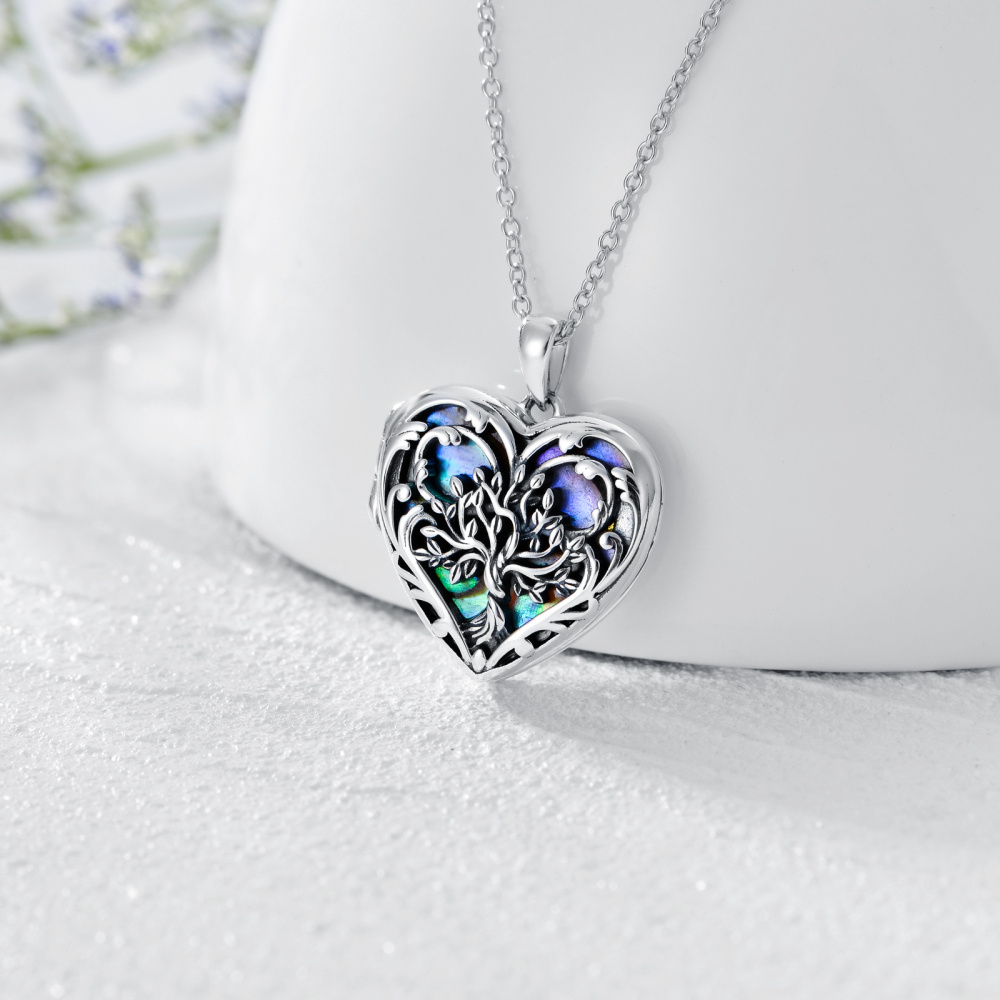 Collar con medallón fotográfico personalizado de plata de ley con forma de corazón, abulón, marisco y árbol de la vida-3