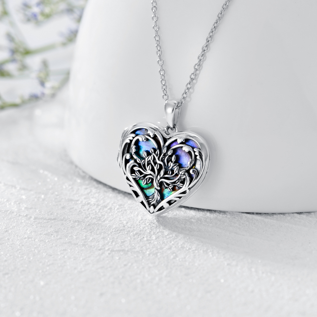 Sterling Silver Heart Abalone Shellfish Tree Of Life Personalized Photo Locket Necklace-3