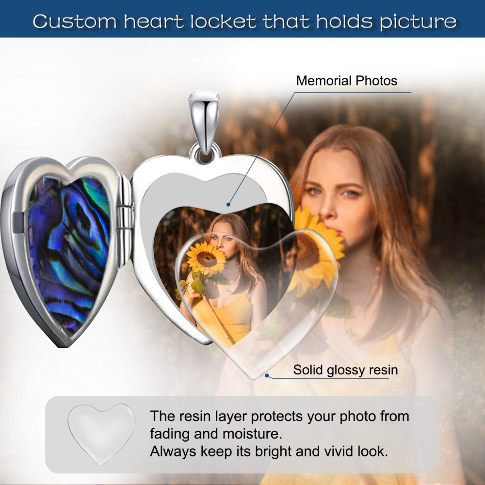 Collar con medallón fotográfico personalizado de plata de ley con forma de corazón, abulón, marisco y árbol de la vida-4