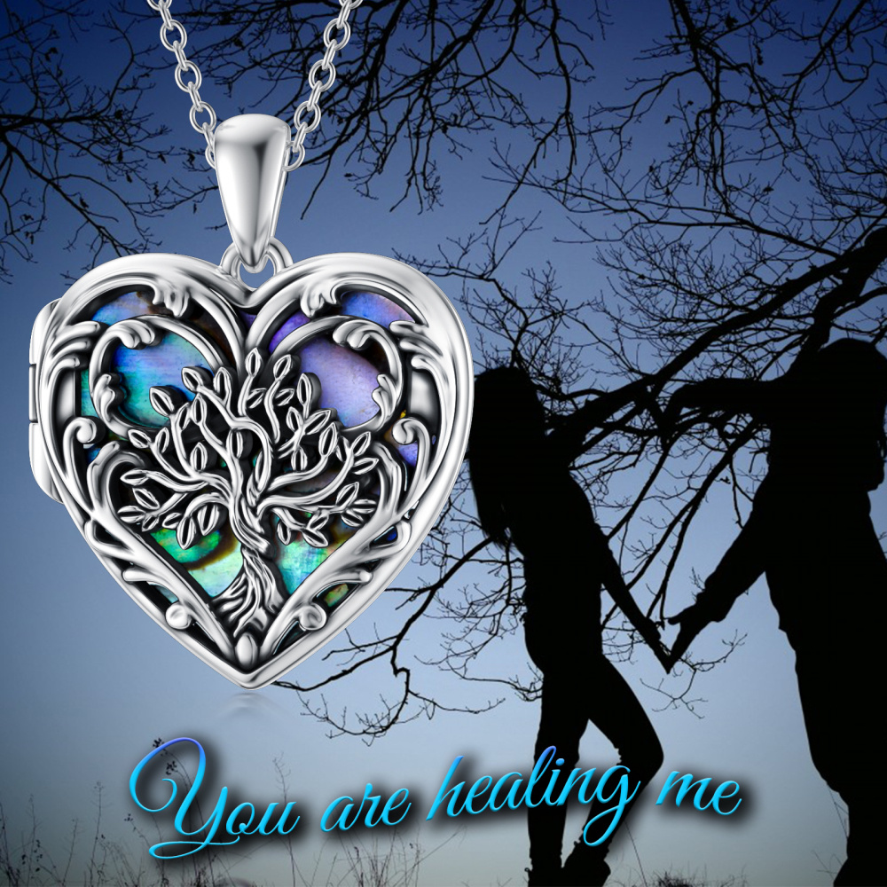 Collar con medallón fotográfico personalizado de plata de ley con forma de corazón, abulón, marisco y árbol de la vida-5