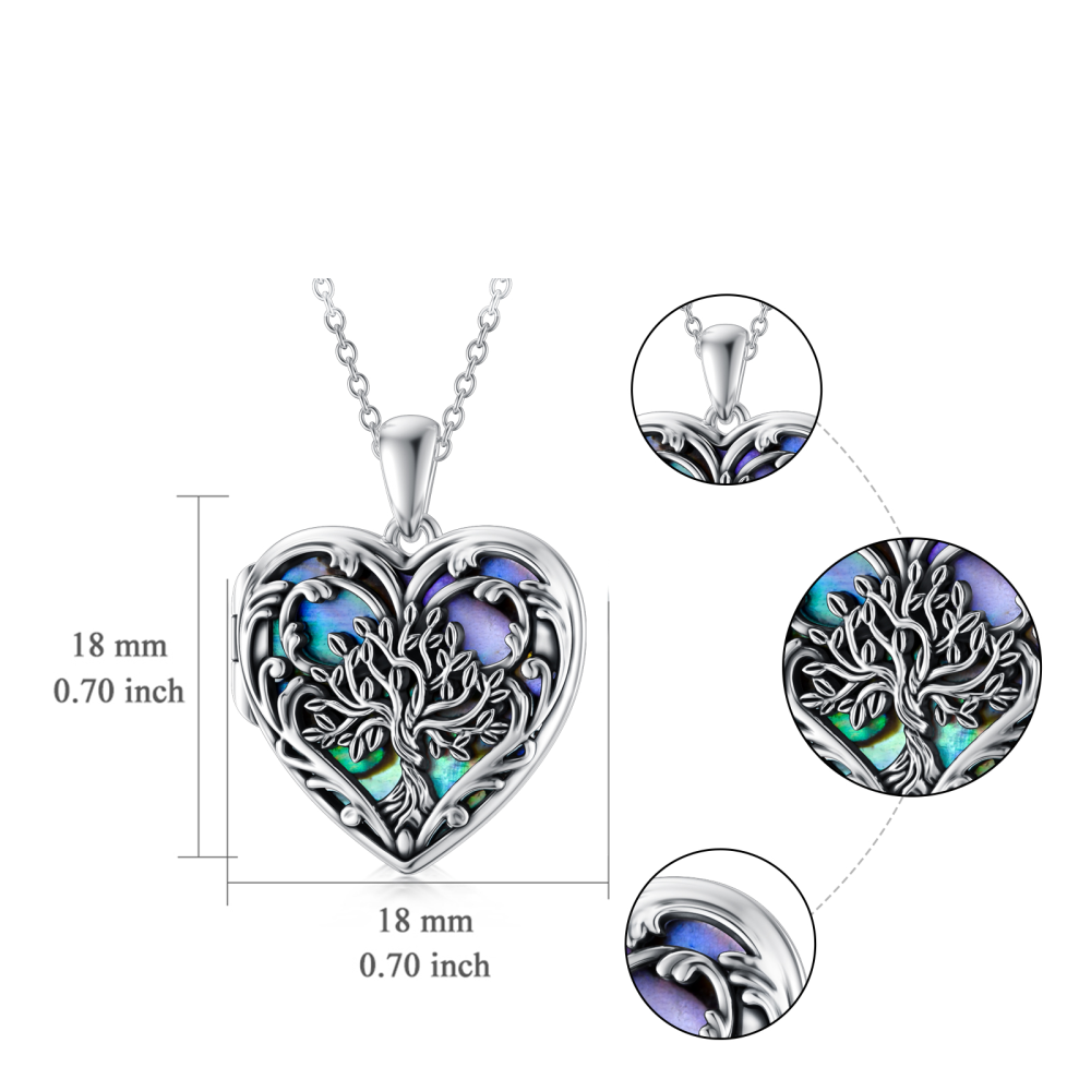 Collar con medallón fotográfico personalizado de plata de ley con forma de corazón, abulón, marisco y árbol de la vida-6