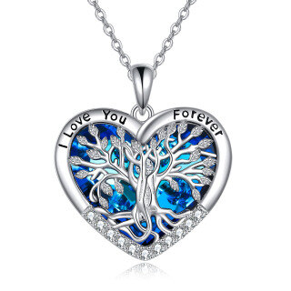 Sterling Silver Tree Of Life Heart Blue Crystal Pendant Necklace-4