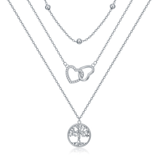 Collana a strati con albero della vita e cuore in argento sterling con zirconia cubica