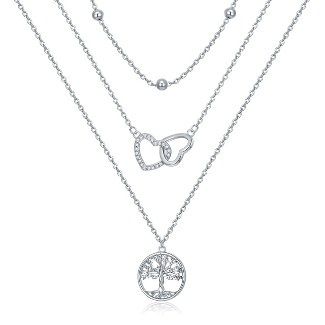 Collana a strati con albero della vita e cuore in argento sterling con zirconia cubica-1