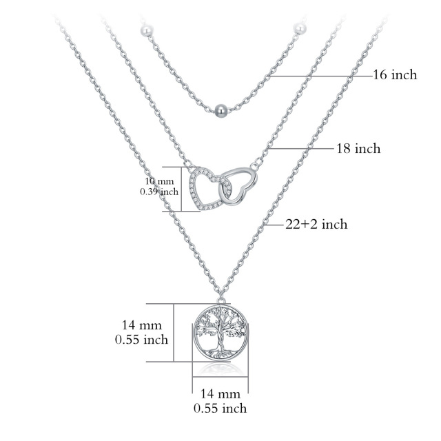 Sterling Silver Cubic Zirconia Tree Of Life & Heart Layered Necklace-5