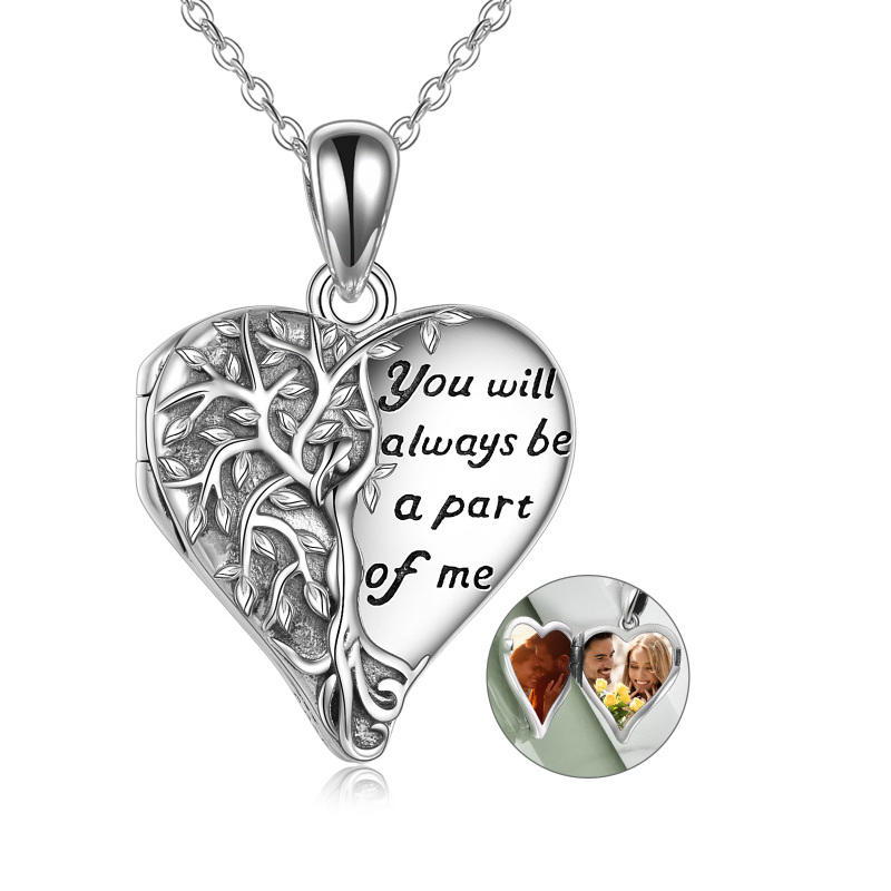 Sterling Silver Tree Of Life & Personalized Photo Locket Necklace with Engraved Word-3