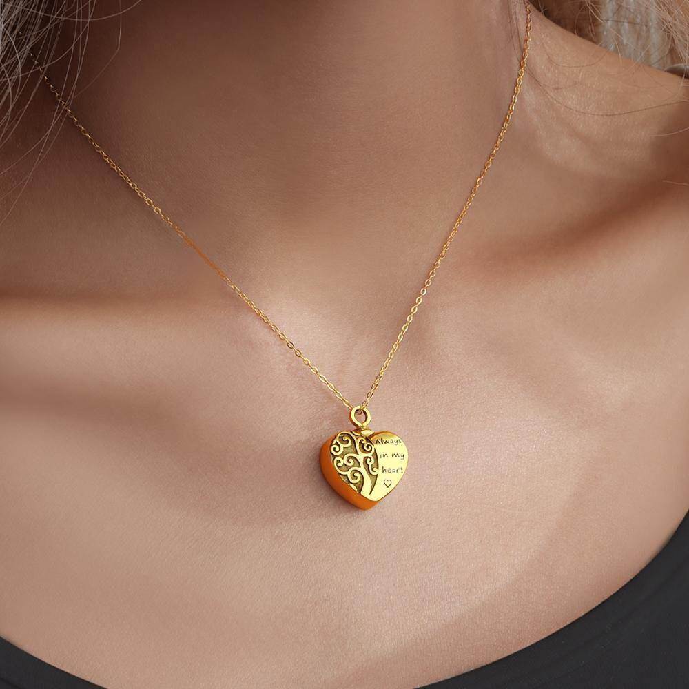 Plata de ley con chapado en oro amarillo Árbol de la Vida Corazón Personalizado Foto Cremación Urna collar para cenizas con la palabra grabada-2