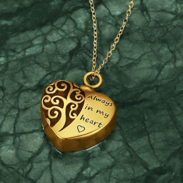 Sterling Silver with Yellow Gold Plated Tree Of Life Heart Personalized Photo Cremation Urn necklace for Ashes with Engraved Word-4