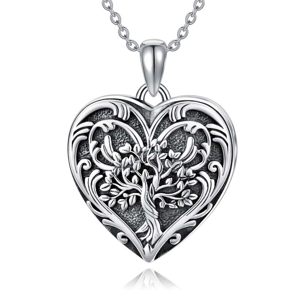 Collar relicario personalizado con foto en forma de árbol de la vida y corazón de plata de-1