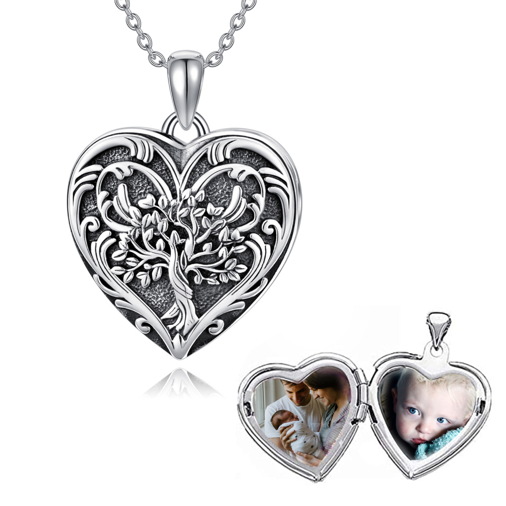 Collar relicario personalizado con foto en forma de árbol de la vida y corazón de plata de-6