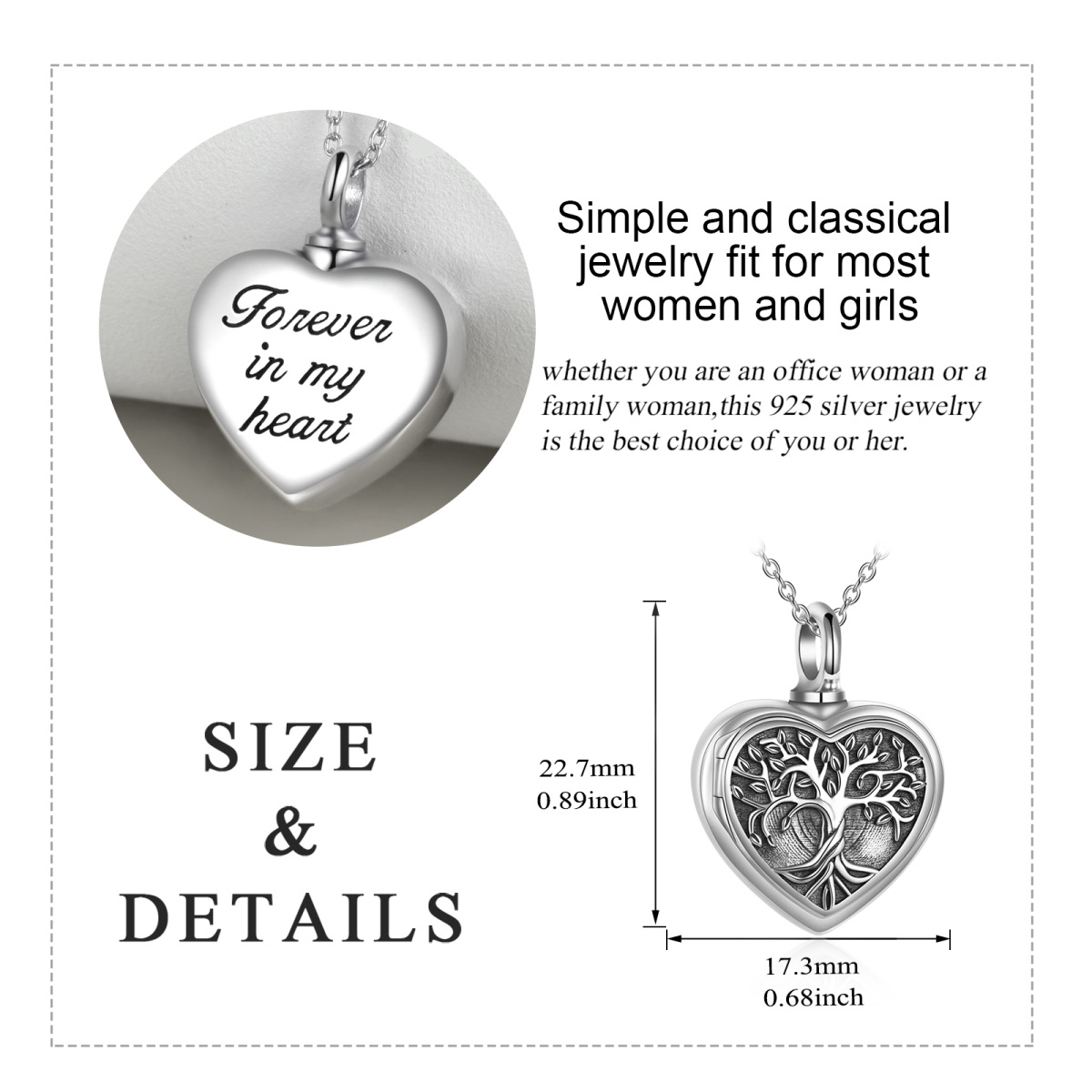 Sterling Silver Tree Of Life Heart Personalized Photo Locket Urn Necklace for Ashes-6