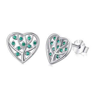 Sterling Silver Cubic Zirconia Tree Of Life & Heart Stud Earrings-3