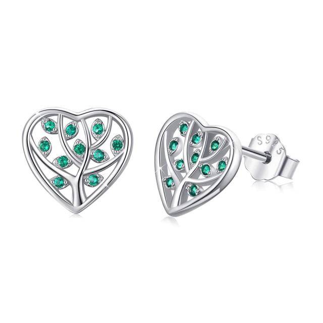 Sterling Silver Cubic Zirconia Tree Of Life & Heart Stud Earrings