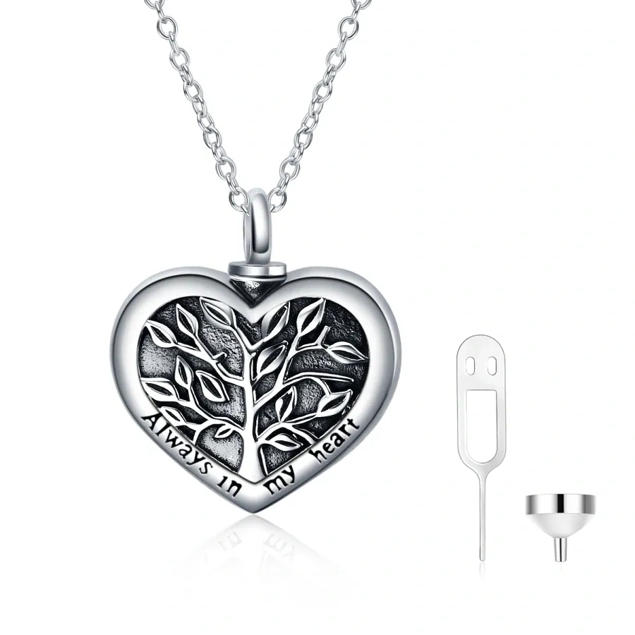 Collana in argento sterling con urna a forma di cuore con albero della vita per le ceneri-1