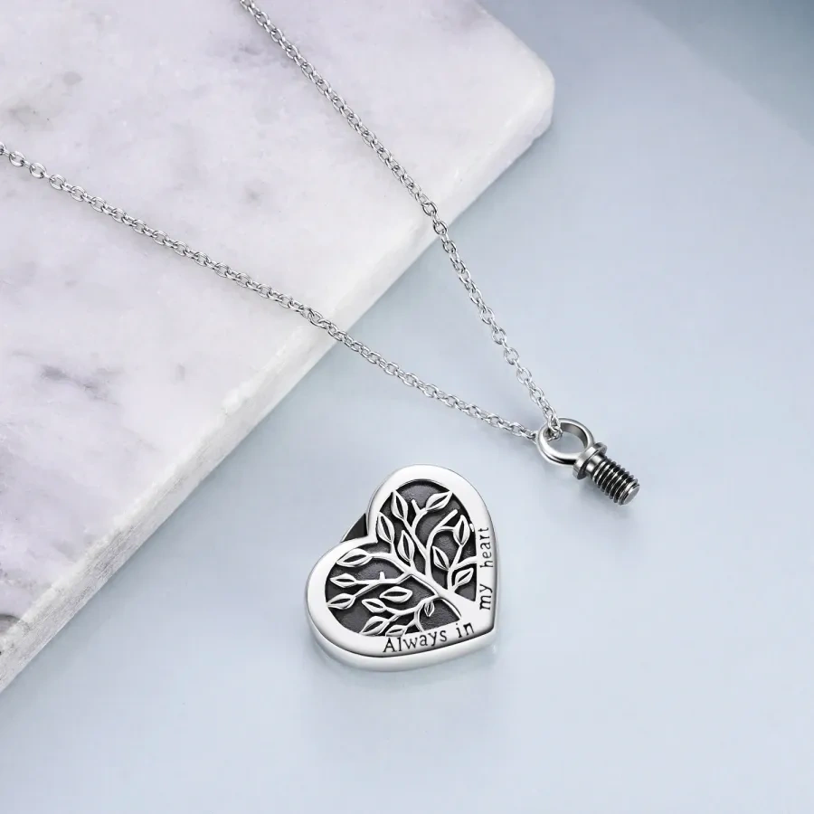 Collana in argento sterling con urna a forma di cuore con albero della vita per le ceneri-4