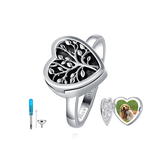 Bague Urne Coeur Arbre de Vie en Argent Sterling avec Mot Gravé