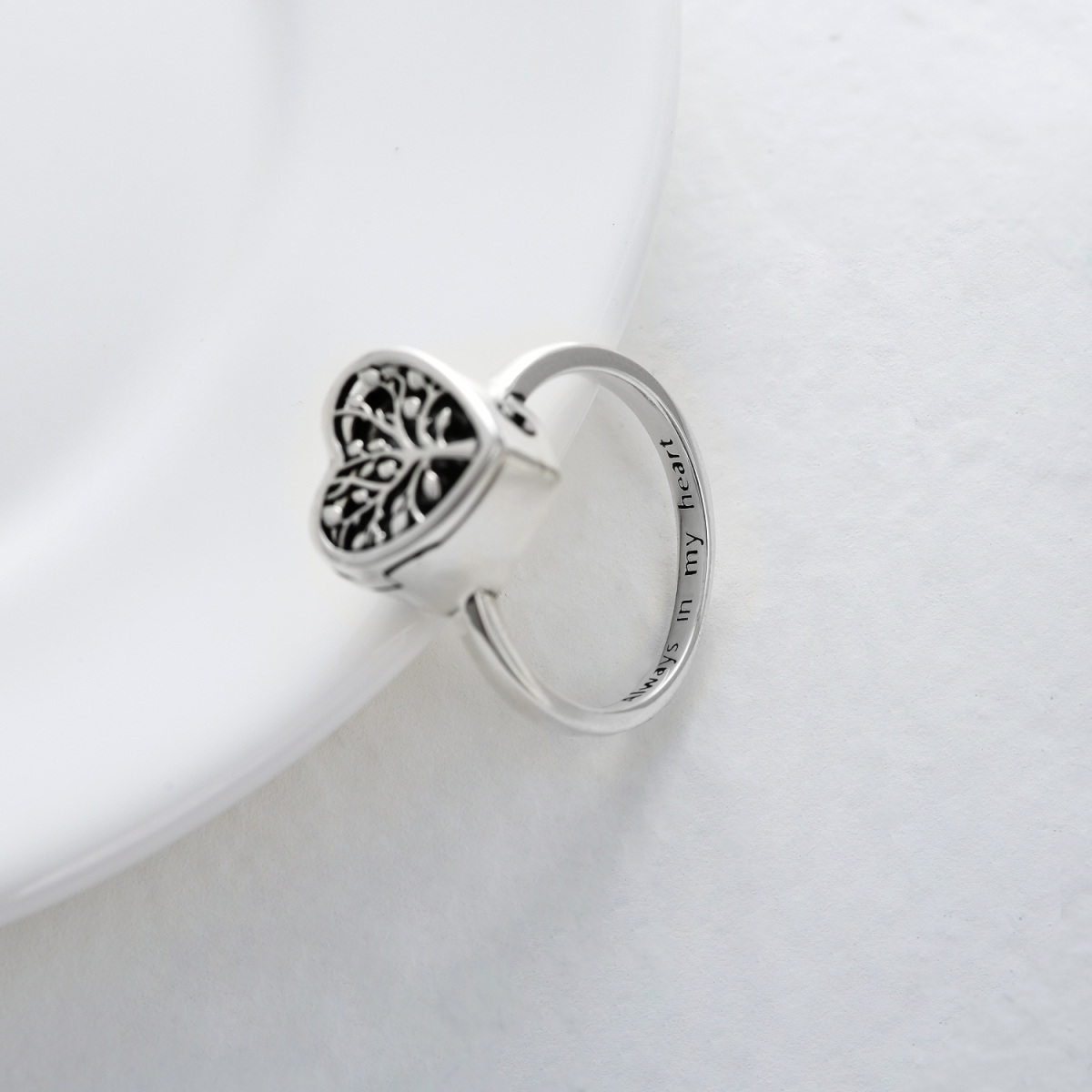 Sterling Silver Tree Of Life & Heart Urn Ring with Engraved Word-5